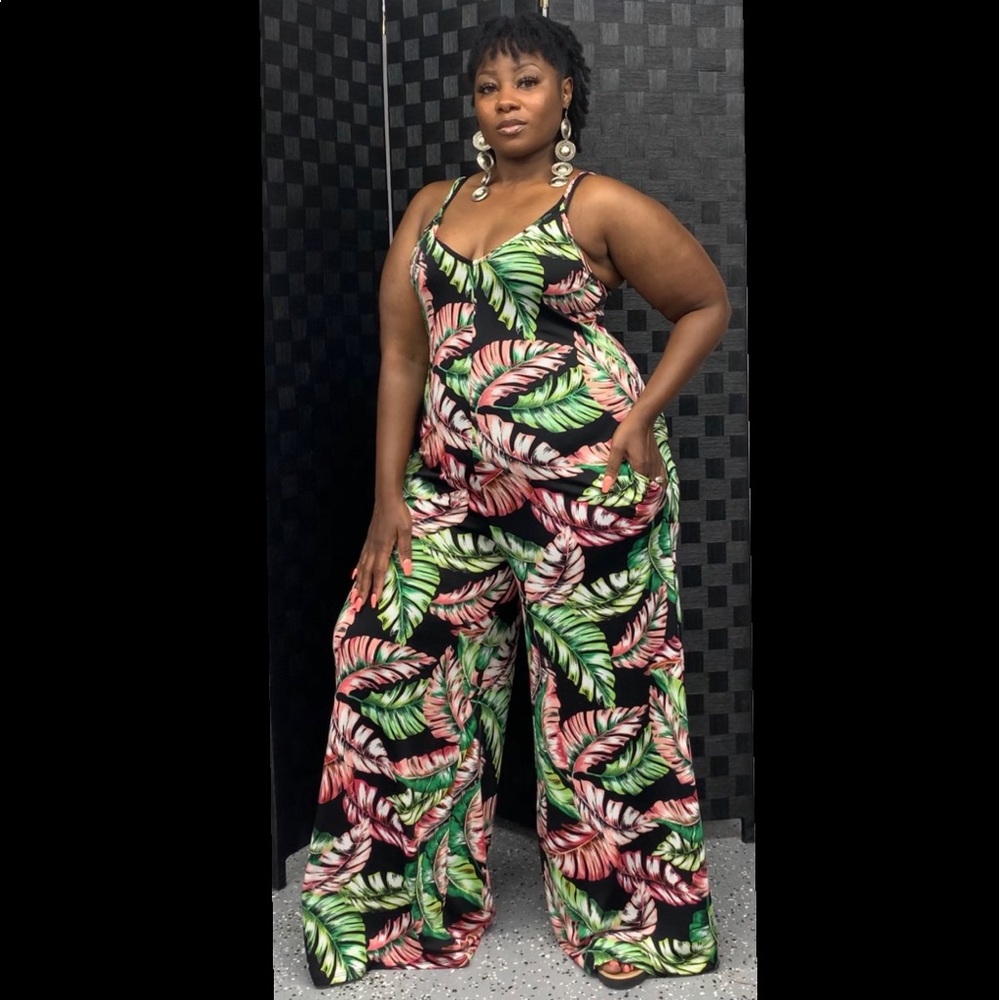 New Without Tags - Wide leg, Palm Leaf Jumpsuit - Picture 3 of 7